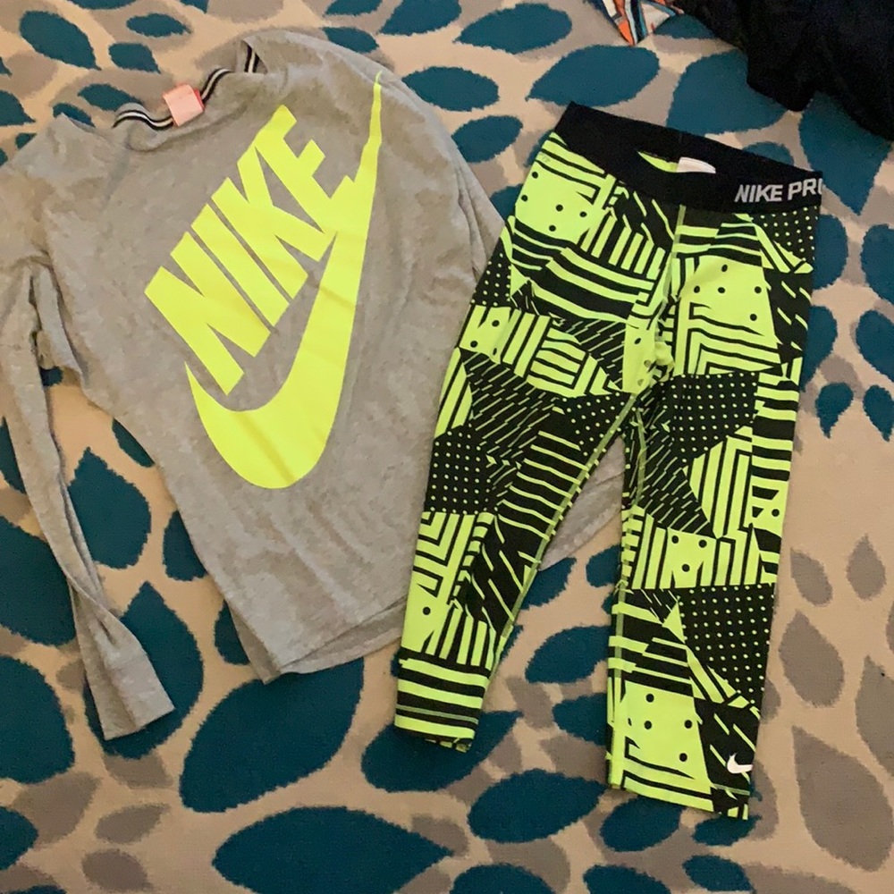 Nike pro lot top and leggings neon green small